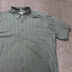 LL Bean Cotton XL Button Down Short Sleeve Green Plaid Shirt Men's